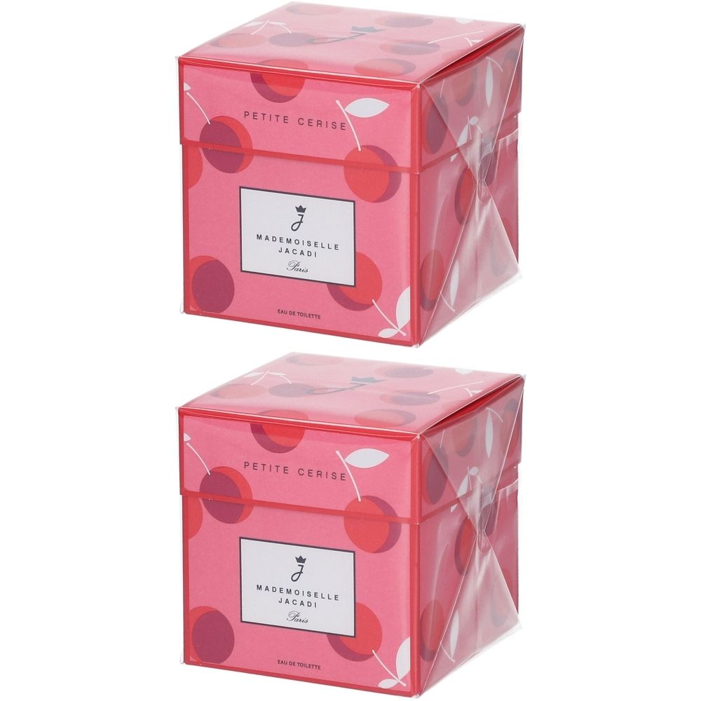 Deux boîtes carrées roses avec motif de cerises. Sur le devant, on lit "PETITE CERISE" et "MADEMOISELLE JACADI".