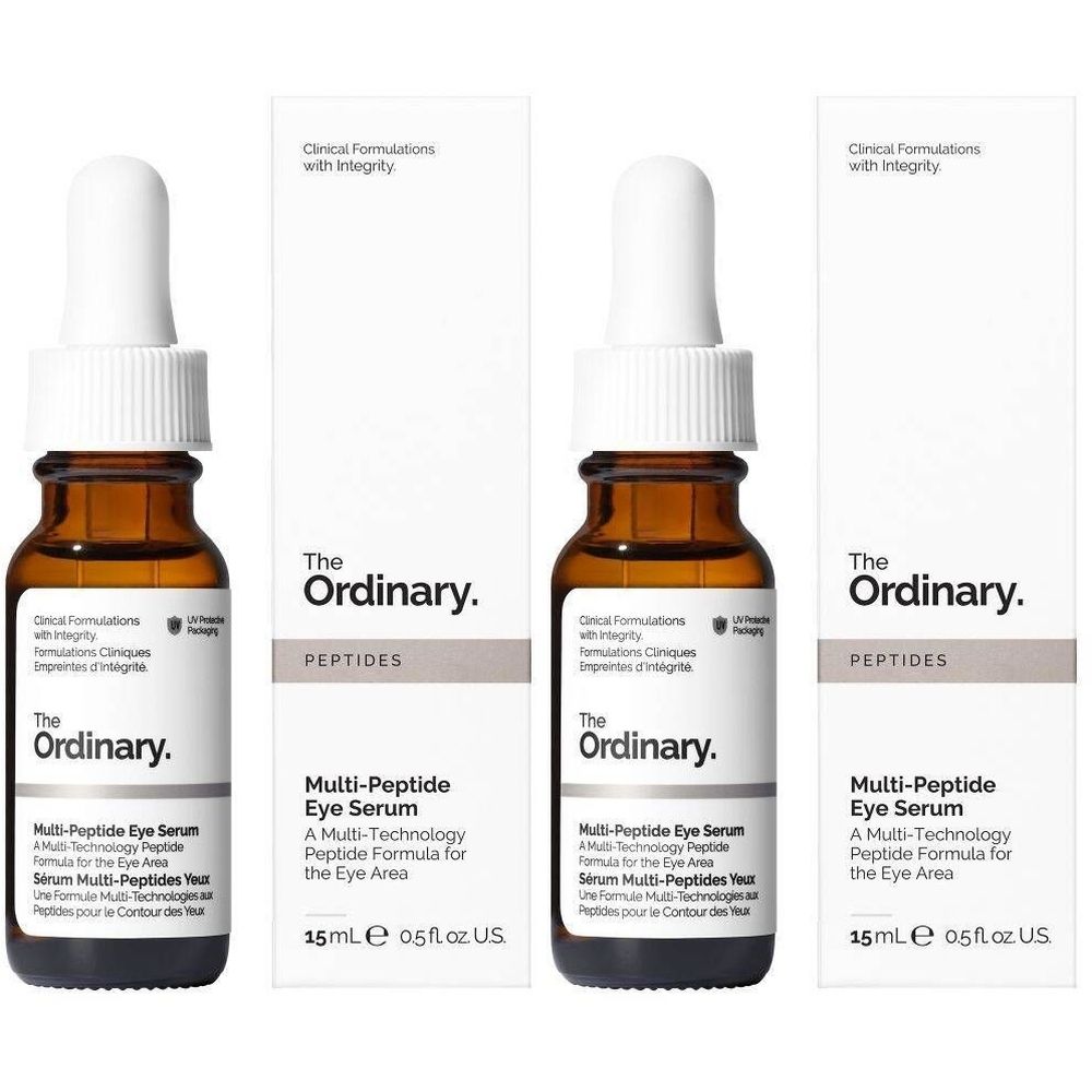 Trois flacons de sérum avec pipette et emballage. Inscription : The Ordinary. Multi-Peptide Eye Serum.