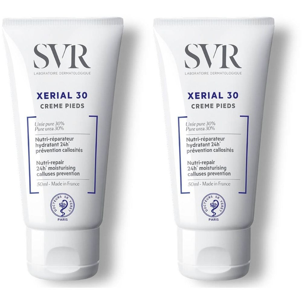 Deux tubes blancs SVR Xérial 30 Crème Pieds. Inscription bleue : Pure urée 30%, Nutri-réparateur, 50ml. Fabriqué en France.