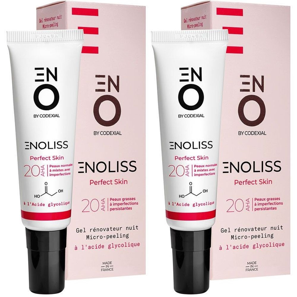 Deux tubes et emballages Enoliss Perfect Skin. Tubes blancs, bouchon noir, emballage rose. Texte et logo.
