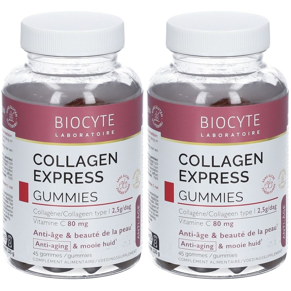 Deux flacons de BIOCYTE Collagen Express Gummies. Flacons en plastique transparent avec bouchons blancs. Étiquettes avec informations produit et logo de la marque.
