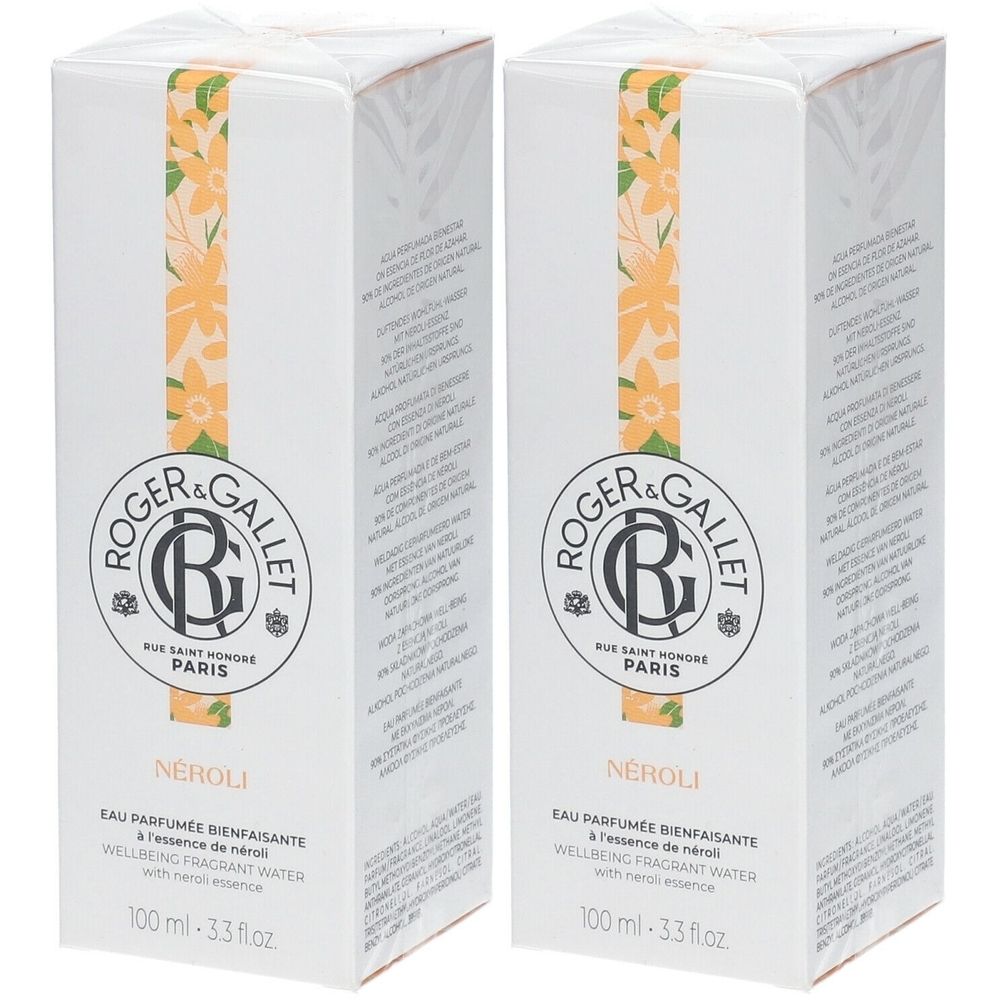 Deux boîtes blanches avec motif floral. Inscription: Roger & Gallet, NÉROLI, Eau Parfumée Bienfaisante, 100 ml.
