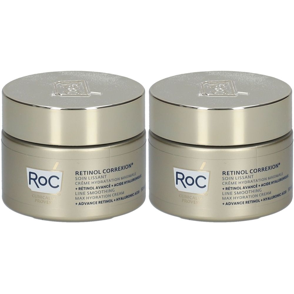 Deux pots dorés. Sur le devant, "RoC" et "Retinol Correxion". Couvercles argentés.