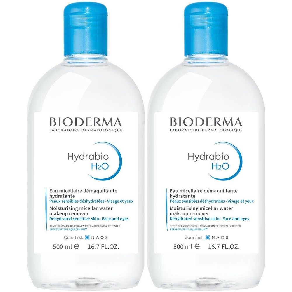 Deux flacons de Bioderma Hydrabio H2O. Liquide clair dans des bouteilles transparentes avec bouchon bleu et étiquette.