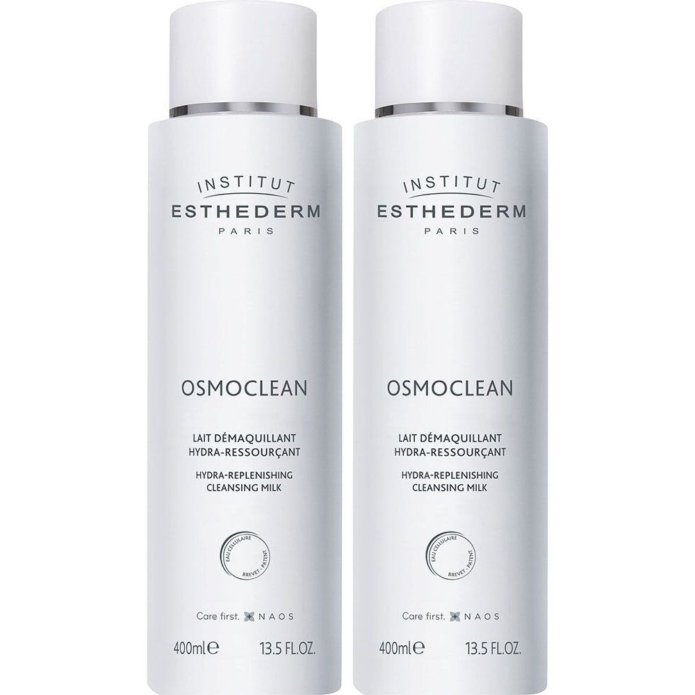 Deux flacons blancs INSTITUT ESTHEDERM OSMOCLEAN. Inscription: Lait démaquillant hydra-ressourçant. 400ml et 13.5 FLOZ.