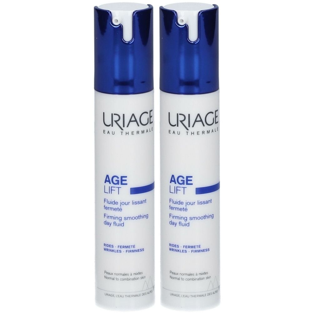 Deux flacons de URIAGE Age Lift Fluide jour lissant fermeté. Flacons blancs avec bouchon bleu et texte.