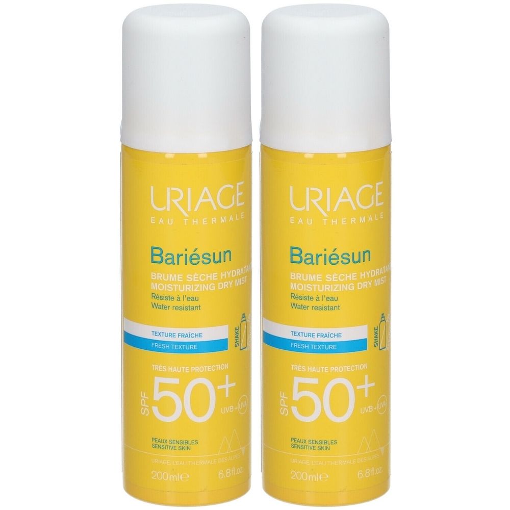Deux sprays jaunes avec bouchons blancs. Inscription: Uriage Bariésun SPF50+.