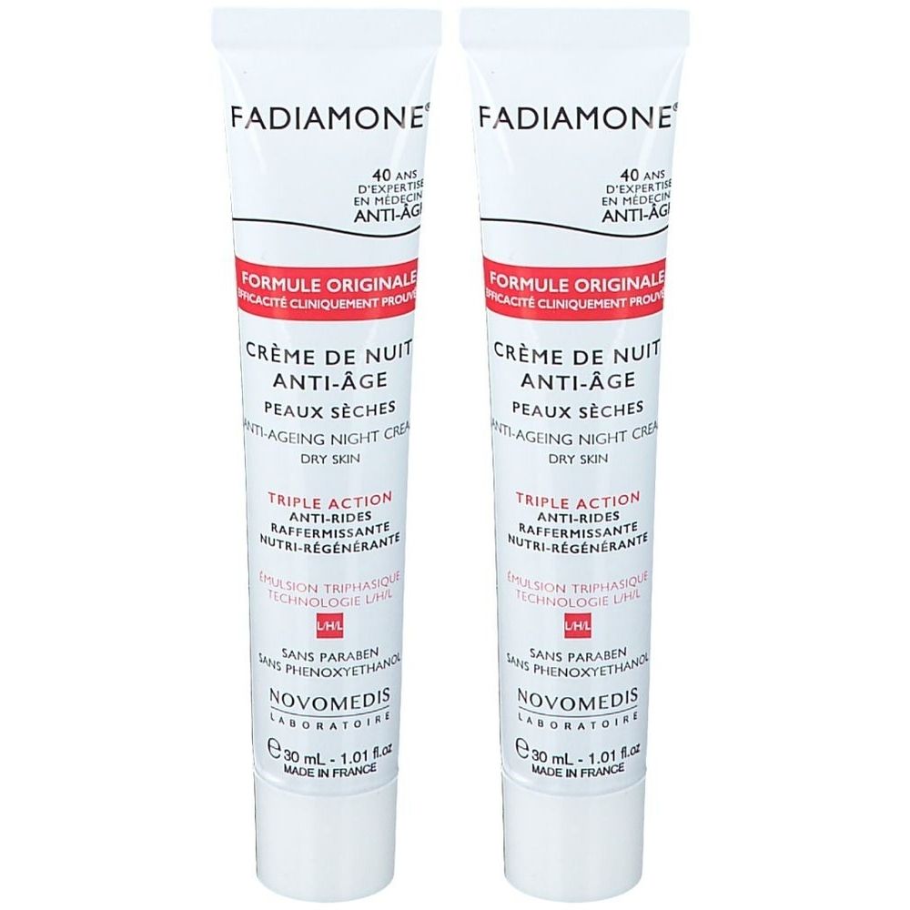 Deux tubes de crème de nuit anti-âge FADIAMONE. Tubes blancs avec texte rouge et noir. Contient du texte en français.