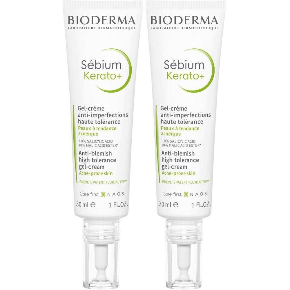 Deux tubes de BIODERMA Sébium Kerato+ Gel-crème. Tubes blancs avec texte vert. Texte : anti-imperfections haute tolérance.