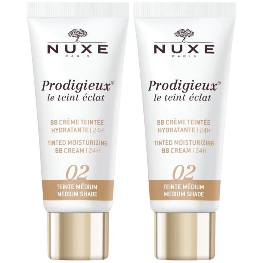 Deux tubes de crème BB. Inscription : Nuxe, Prodigieux, hydratant teinté, 02 Teinte Medium.