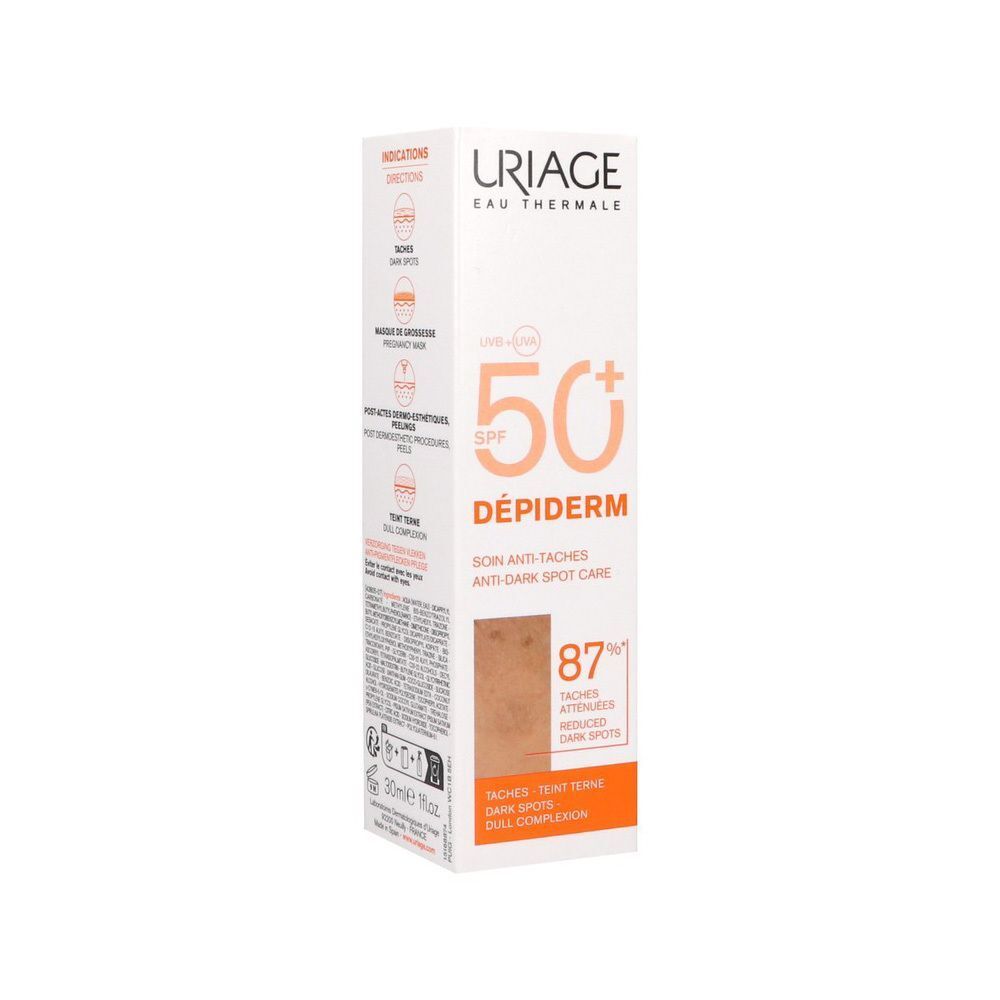 Witte Uriage Dépiderm SPF50+ verpakking. Tekst: Anti-vlekken, Anti-donkere vlekken, SPF50+.