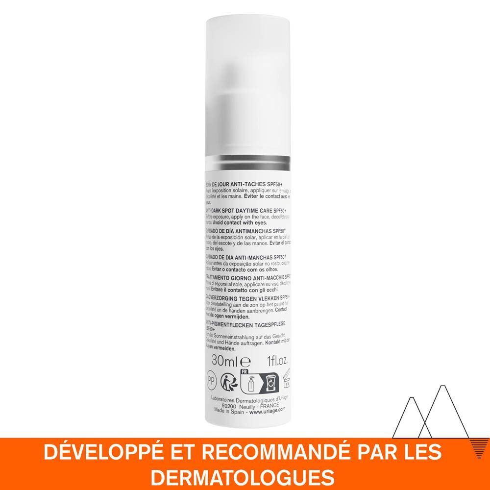 Soin de jour Uriage Dépisderm SPF 50+ dans un flacon pompe.