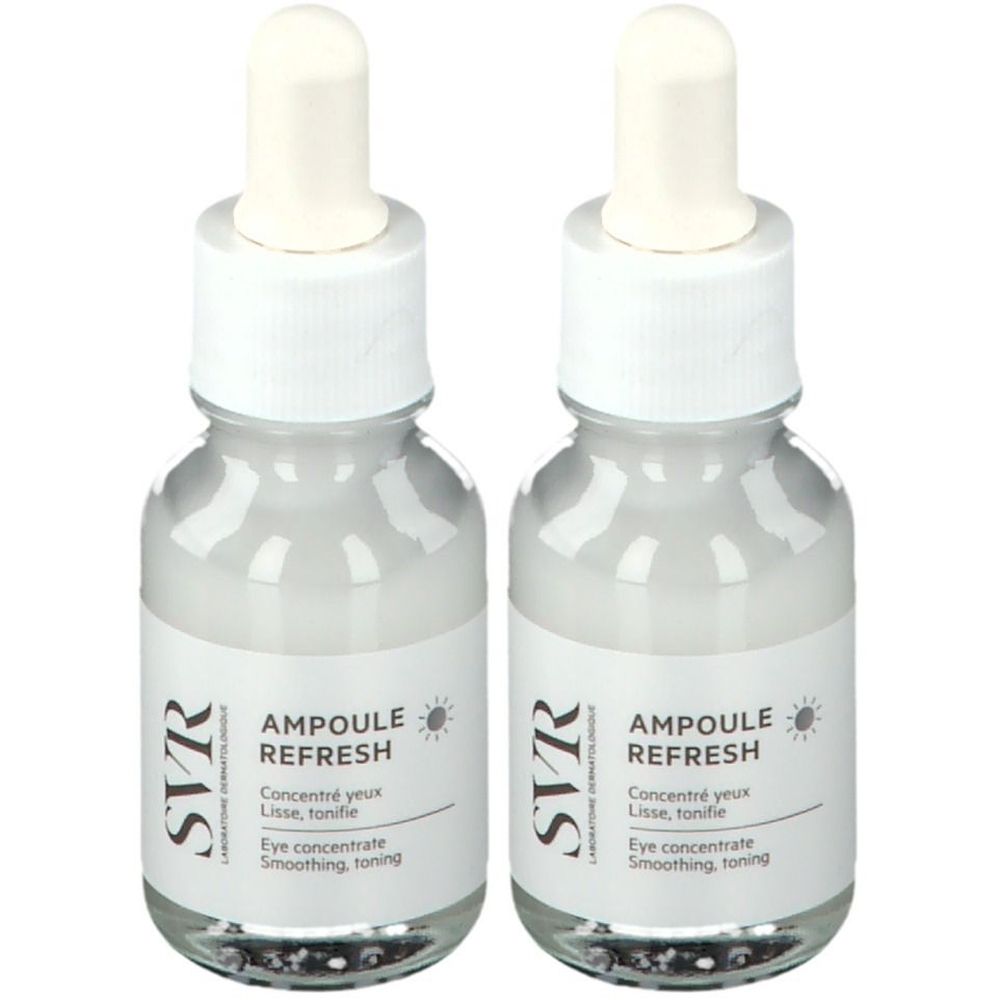 Deux flacons en verre avec bouchon blanc et étiquette. Inscription : SVR Ampoule Refresh. Concentré yeux. Lisse, tonifie.