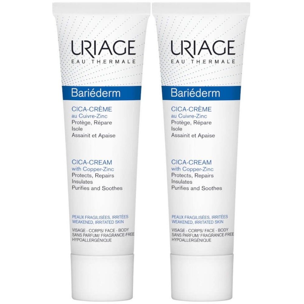 Deux tubes de Uriage Bariéderm Cica-Crème. Tubes blancs avec texte bleu. Texte: Cica-Crème, protège, répare, isole, apaise. Sans parfum.