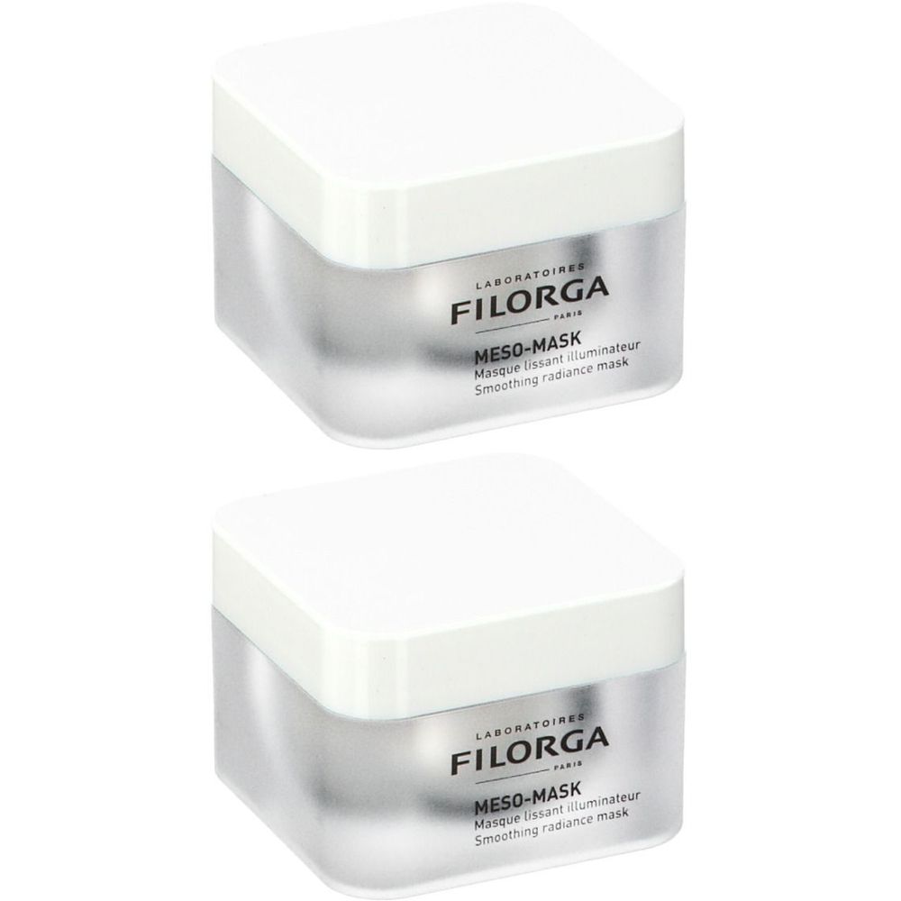 Deux pots avec couvercles blancs. Sur le devant, FILORGA MESO-MASK. Masque lissant illuminateur.