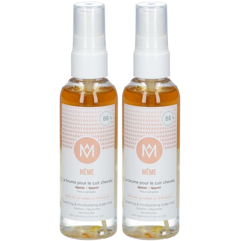 Deux flacons spray transparents avec bouchon blanc. Étiquette avec logo "MÊME" et mentions.
