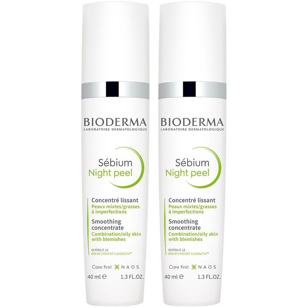 Deux flacons blancs BIODERMA Sébium Night peel. Inscription : Smoothing concentrate, pour peaux mixtes/grasses à imperfections. 40 ml.