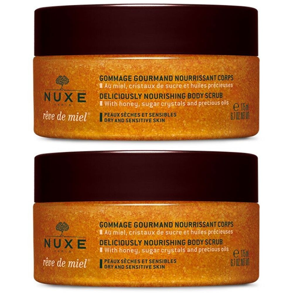 Deux pots de gommage corporel nourrissant Nuxe Rêve de miel®. Couvercle marron, contenu doré, texte descriptif.