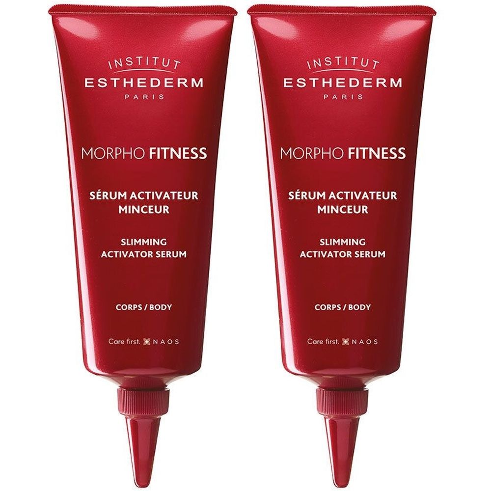 Deux tubes rouges. Inscription: INSTITUT ESTHEDERM, MORPHO FITNESS, Sérum Activateur Minceur, Slimming Activator Serum, Corps/Body.