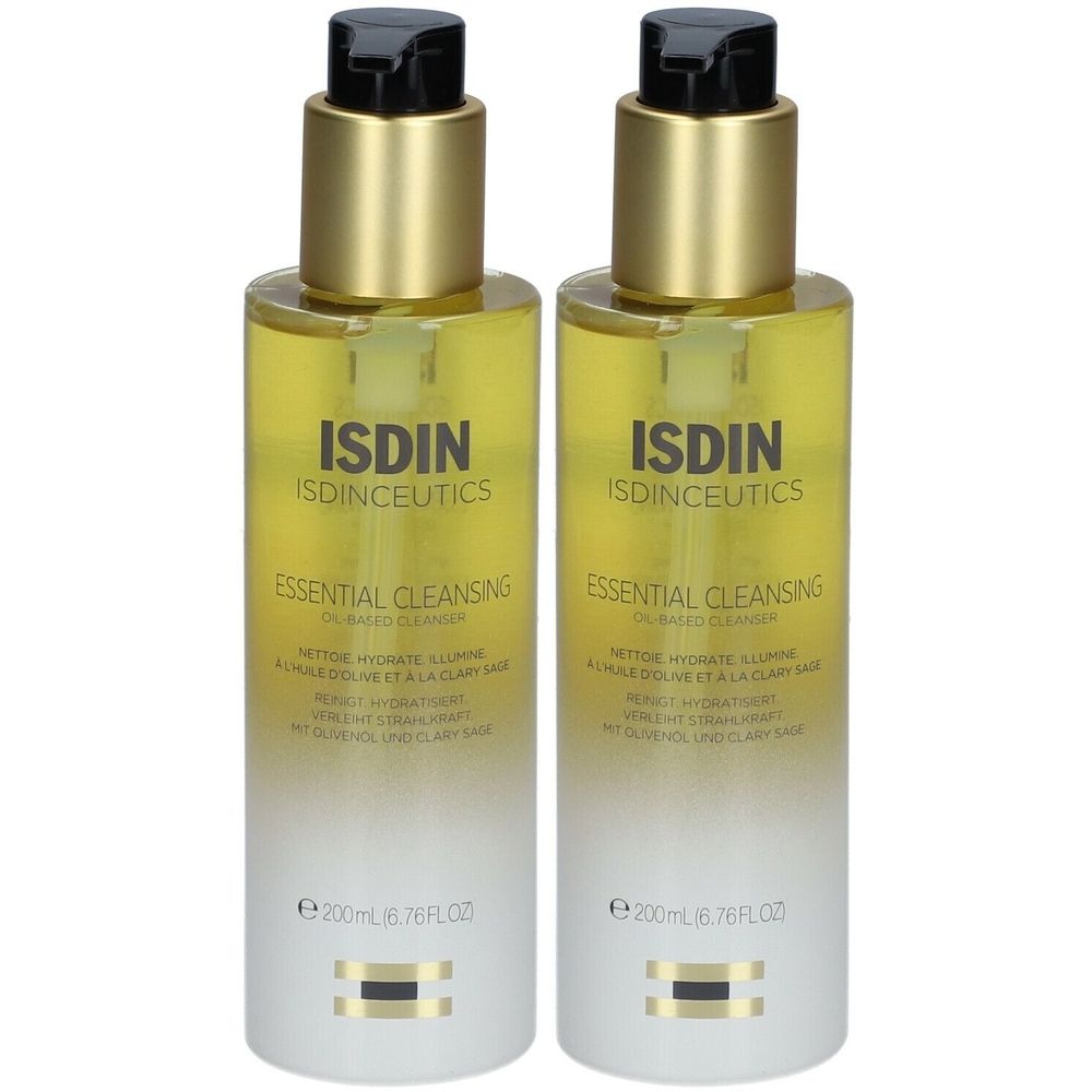 Deux flacons avec pompes dorées. Inscription: ISDIN Isdinceutics Essential Cleansing.