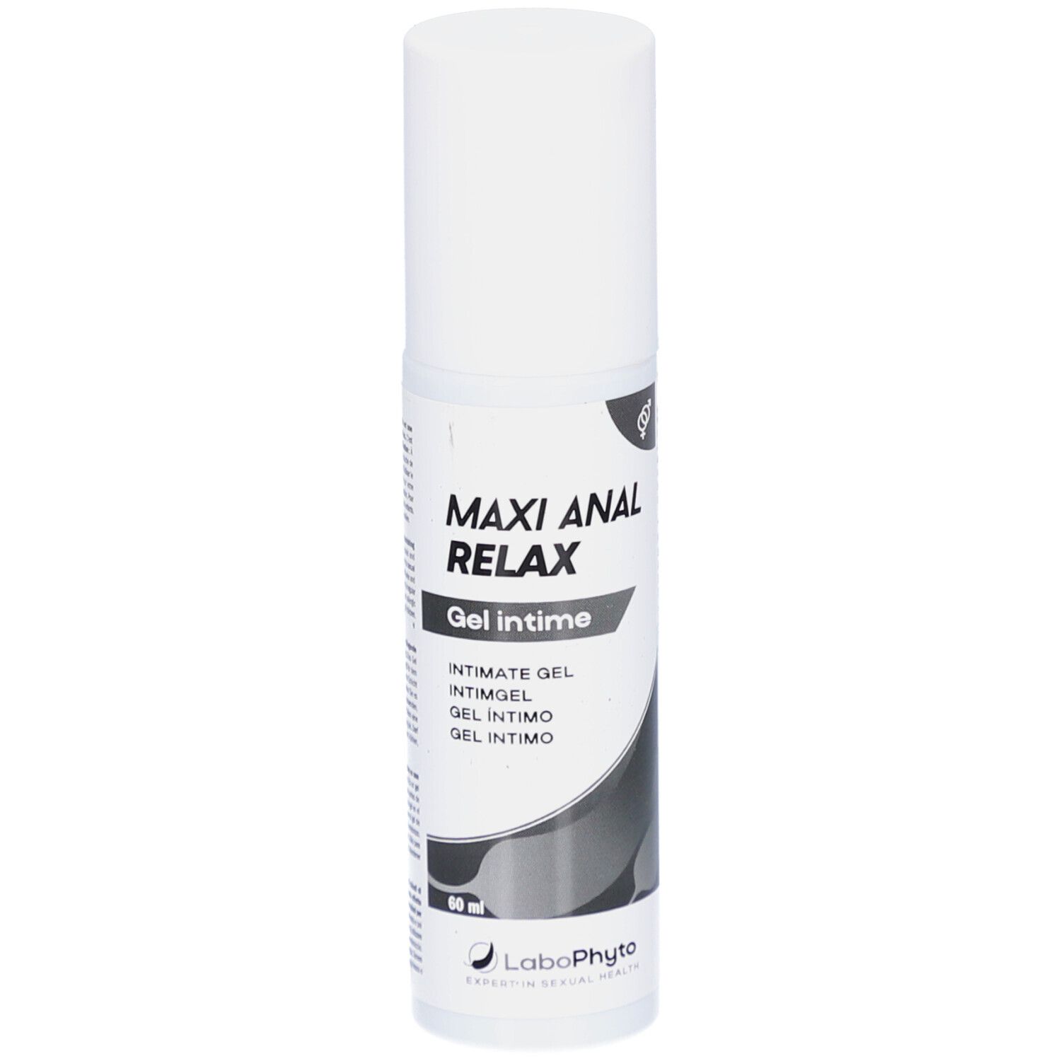 Weißer Zylinder mit Aufschrift MAXI ANAL RELAX. Intim-Gel. Logo LaboPhyto.