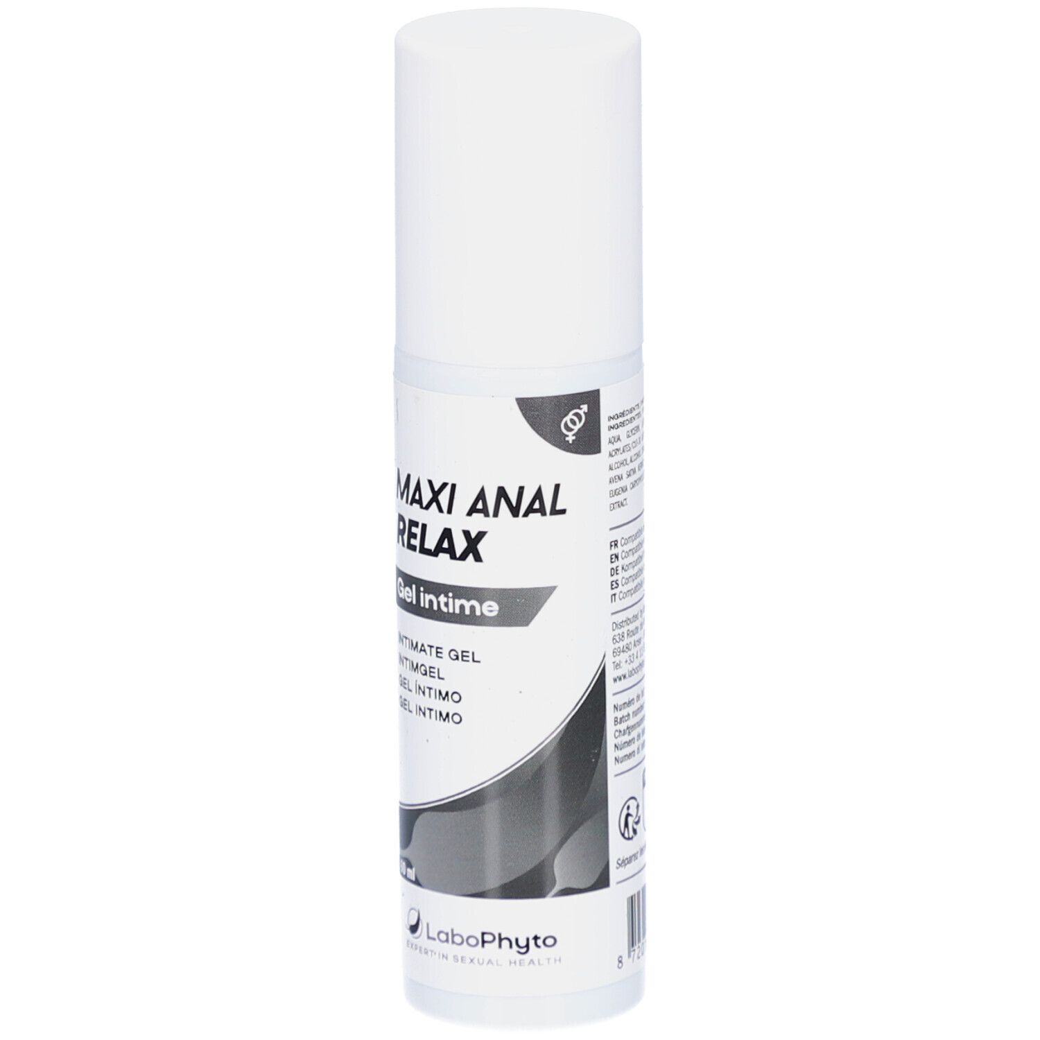 Weißer Zylinder mit Aufschrift MAXI ANAL RELAX. Intim-Gel. Logo LaboPhyto.