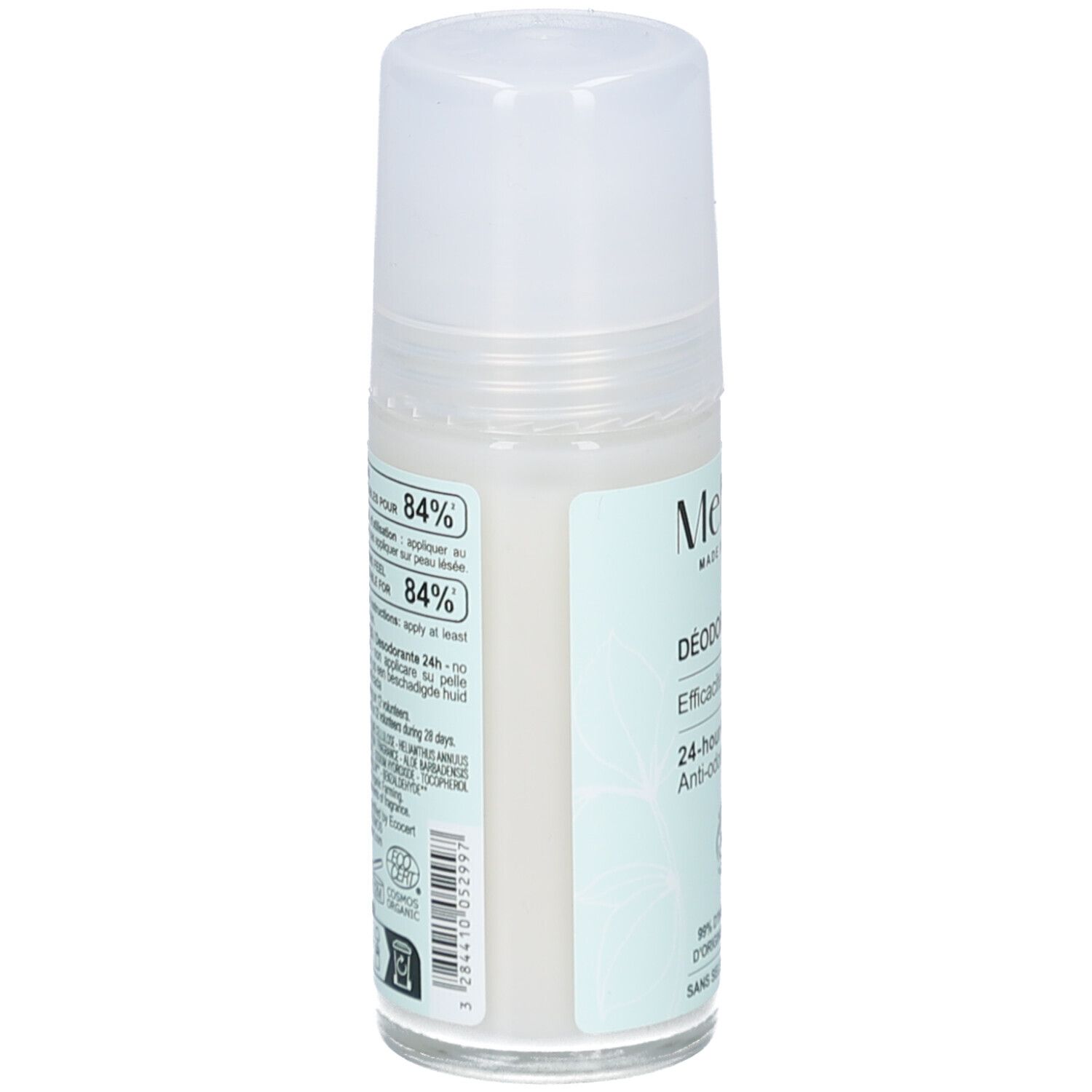 Melvita Deodorant 24H. Rückseite der Flasche. Etikett mit Produktinformationen, Inhaltsstoffen und Bio-Siegel.