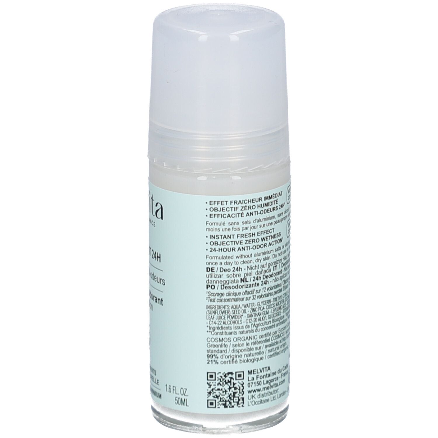 Melvita Deodorant 24H. Roll-on-Flasche mit weißem Deckel. Hellgrünes Etikett mit Produktinformationen und Bio-Siegel.