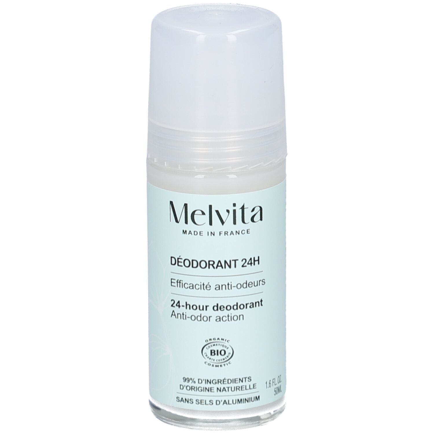 Melvita Deodorant 24H. Roll-on-Flasche mit weißem Deckel. Hellgrünes Etikett mit Produktinformationen und Bio-Siegel.