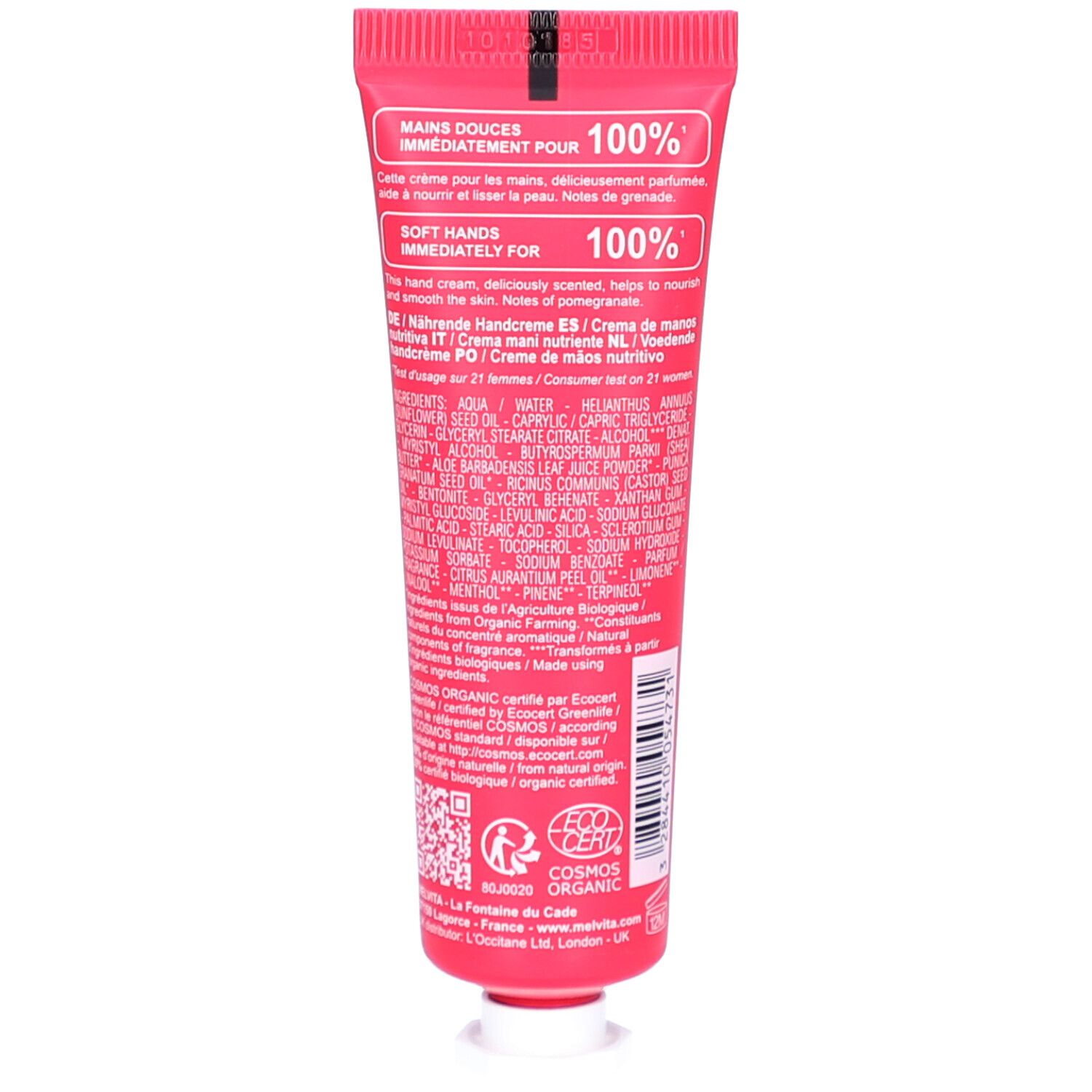 Rückseite der Handcreme-Tube. Text: Mains douces immédiatement pour, 100%, Inhaltsstoffe, Bio-Zertifizierung, QR-Code.