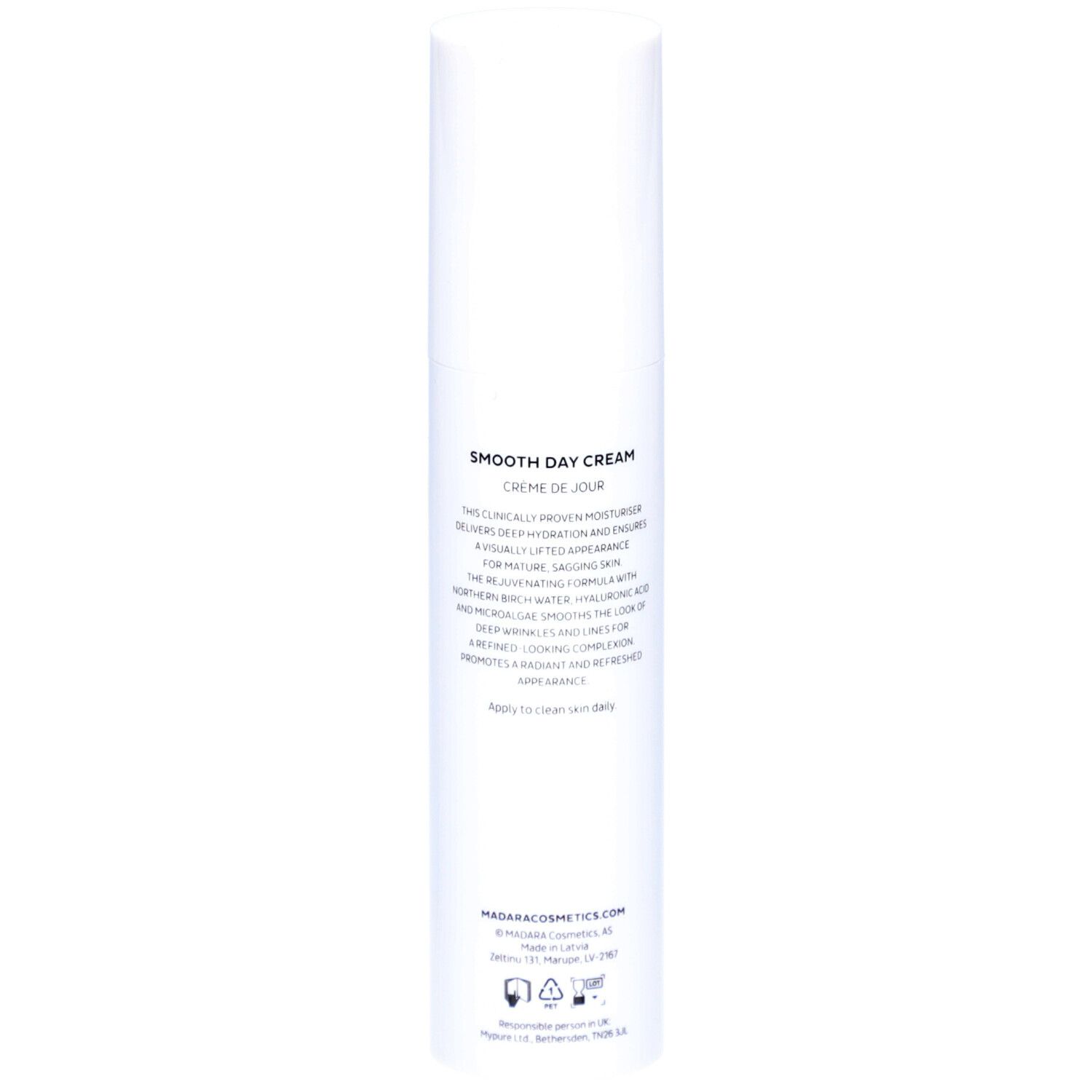 Rückseite der weißen Flasche Madara Age Pro Smooth Tagescreme. Text mit Produktinformationen.