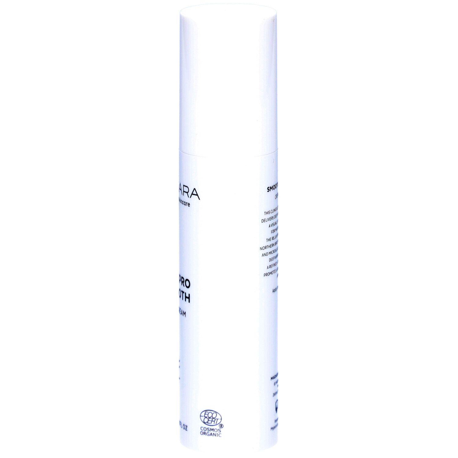 Weiße Flasche Madara Age Pro Smooth Tagescreme. Text: Smooth Day Cream. Zertifizierungssymbol.