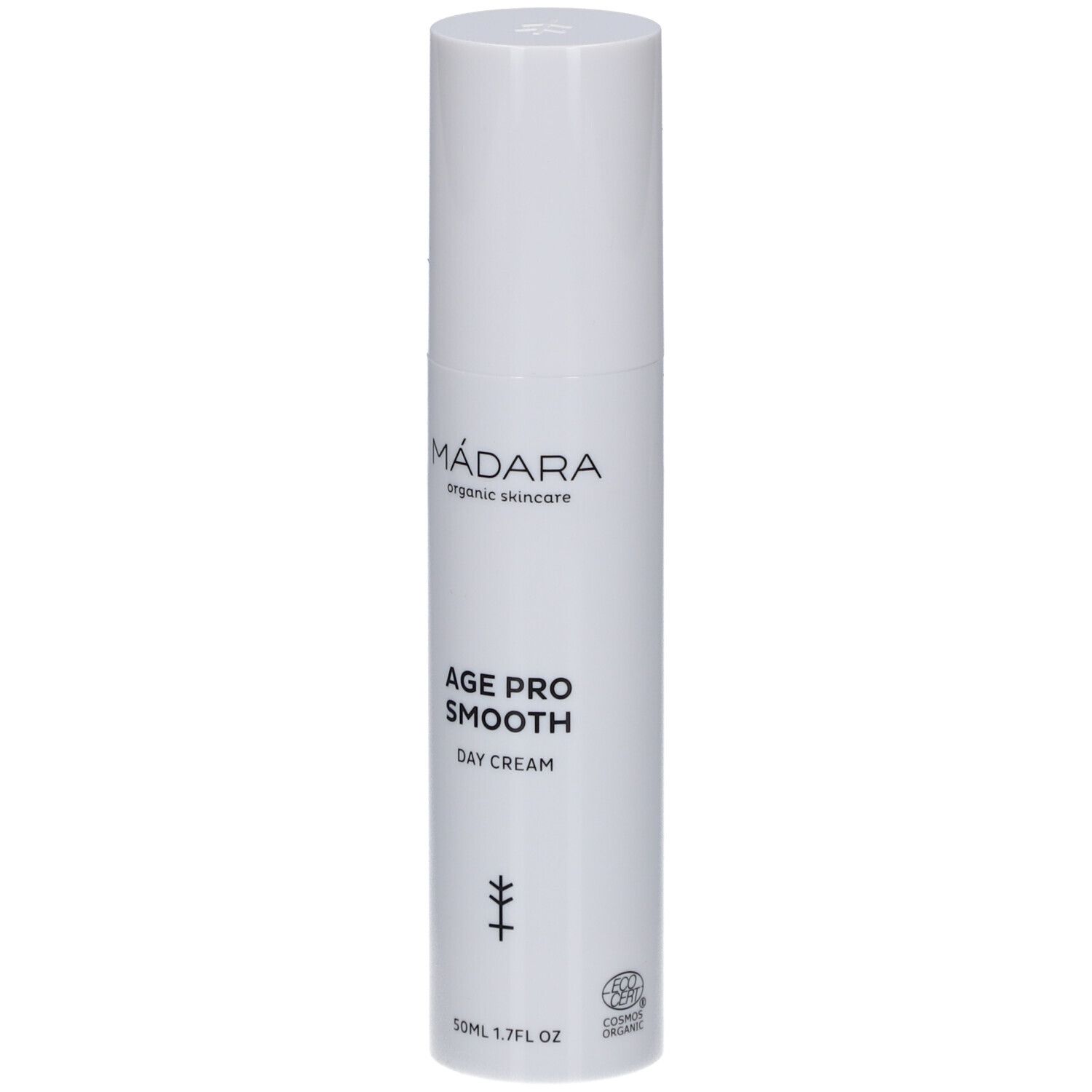 Weiße Flasche Madara Age Pro Smooth Tagescreme. Text: Age Pro Smooth Day Cream. Logo und Zertifizierung.