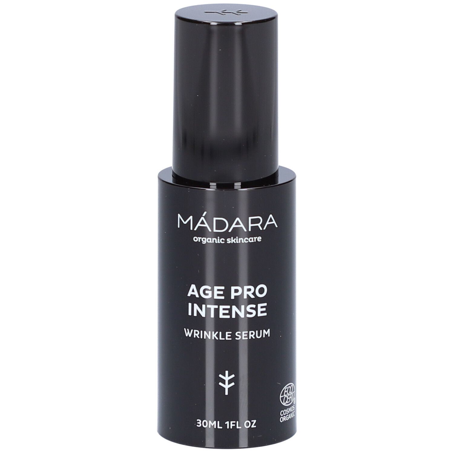 Schwarze Flasche mit Serum. Aufschrift: MÁDARA, AGE PRO INTENSE, WRINKLE SERUM. Mit Zertifizierung.