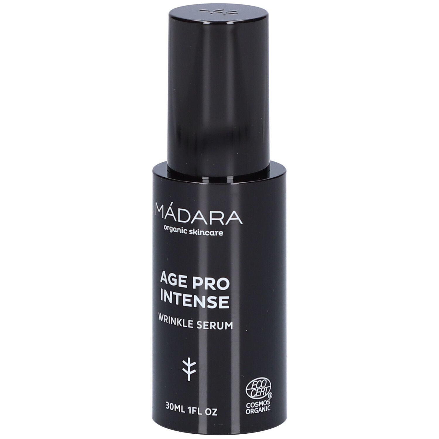 Schwarze Flasche mit Serum. Aufschrift: MÁDARA, AGE PRO INTENSE, WRINKLE SERUM. Mit Zertifizierung.