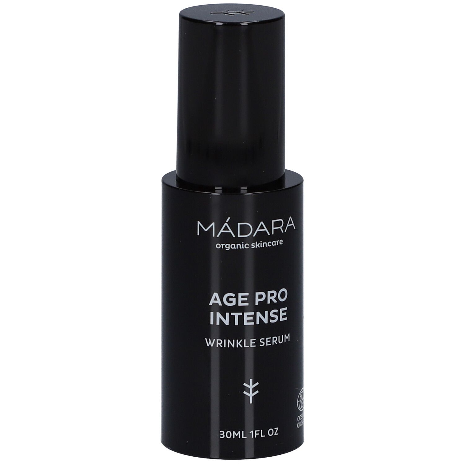 Schwarze Flasche mit Serum. Aufschrift: MÁDARA, AGE PRO INTENSE, WRINKLE SERUM. Mit Zertifizierung.