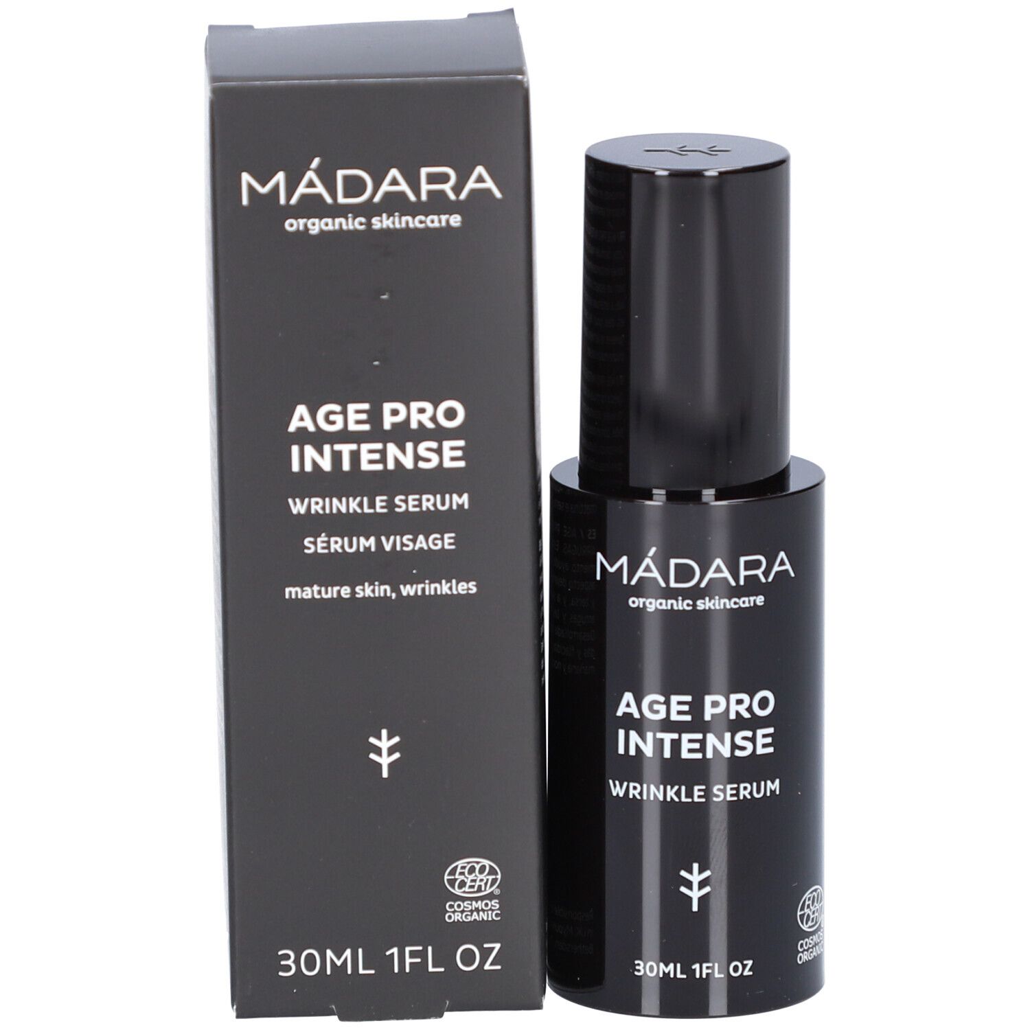 Schwarze Flasche und Schachtel mit Serum. Aufschrift: MÁDARA, AGE PRO INTENSE, WRINKLE SERUM. Mit Zertifizierung.