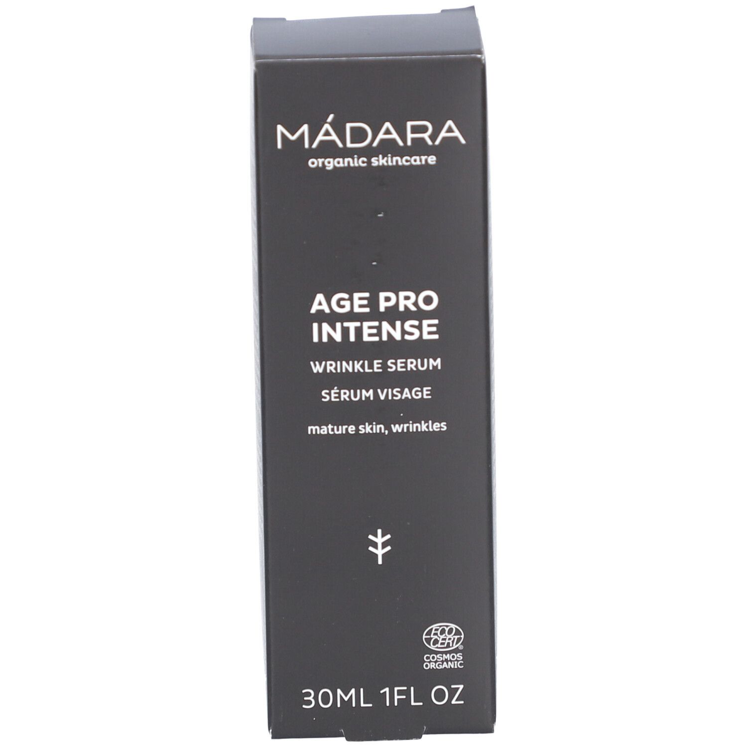 Schachtel mit Serum. Aufschrift: MÁDARA, AGE PRO INTENSE, WRINKLE SERUM. Mit Zertifizierung.