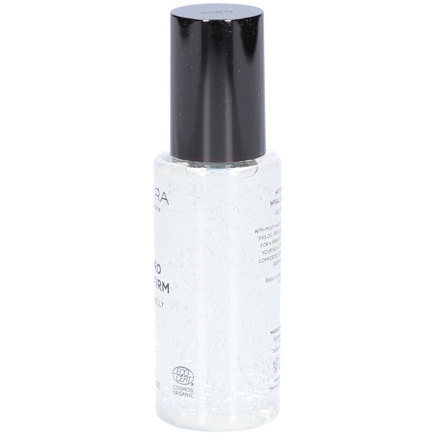 Klarer Flakon mit schwarzem Deckel. Aufschrift: MÁDARA, AGE PRO HYDRA FIRM, HYALURON JELLY. Mit Bio-Siegel.