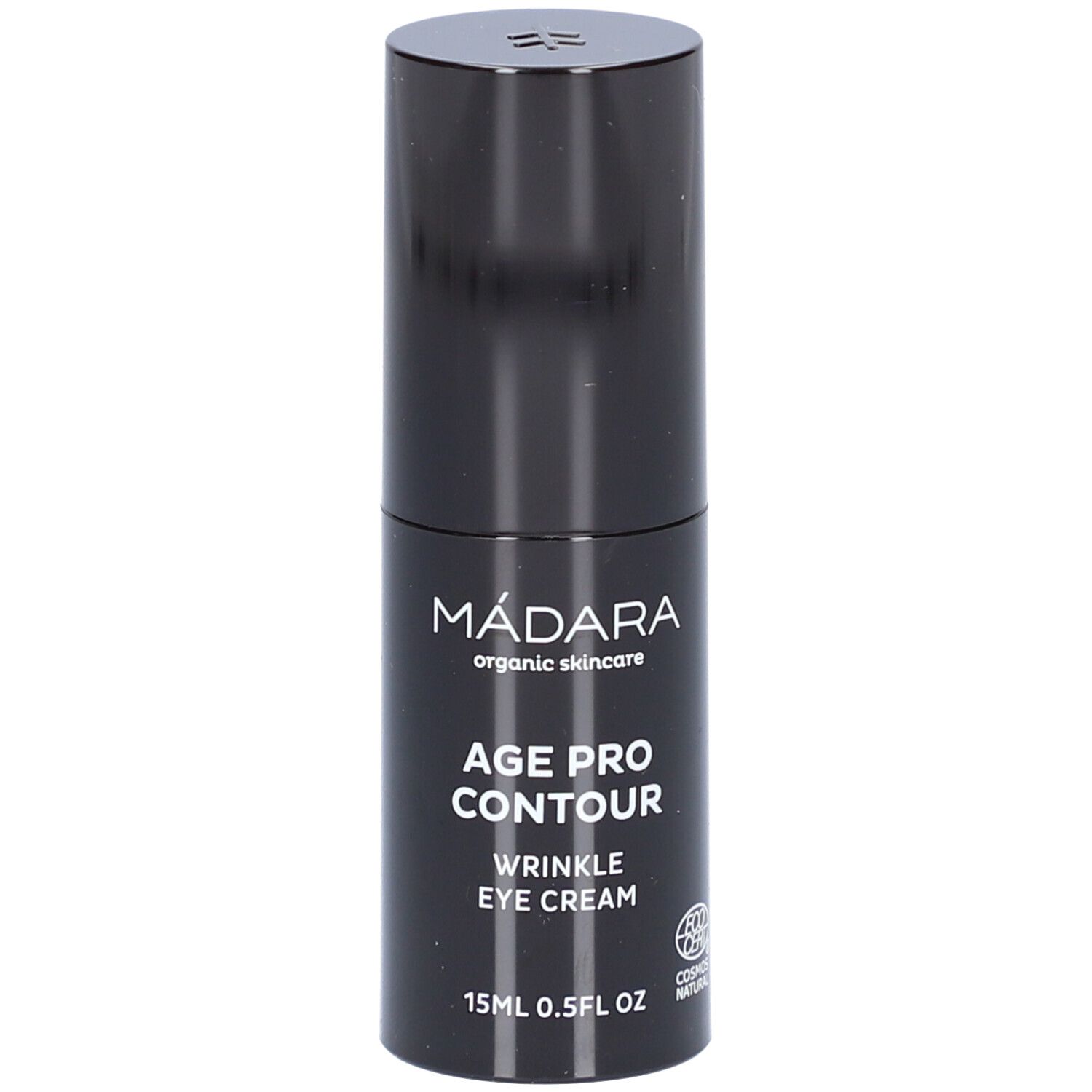 Schwarze Augencreme-Tube. Aufschrift: MÁDARA, AGE PRO CONTOUR, WRINKLE EYE CREAM, 15ml 0.5FL OZ. COSMOS NATURAL-Zertifizierung.