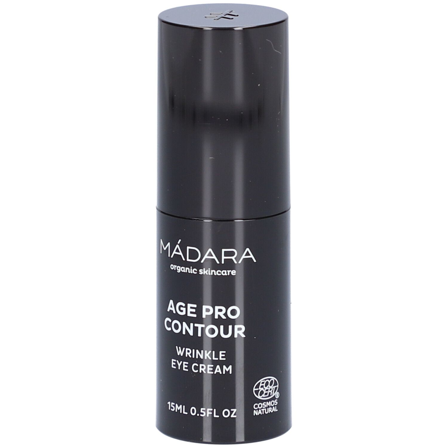 Schwarze Augencreme-Tube. Aufschrift: MÁDARA, AGE PRO CONTOUR, WRINKLE EYE CREAM, 15ml 0.5FL OZ. COSMOS NATURAL-Zertifizierung.