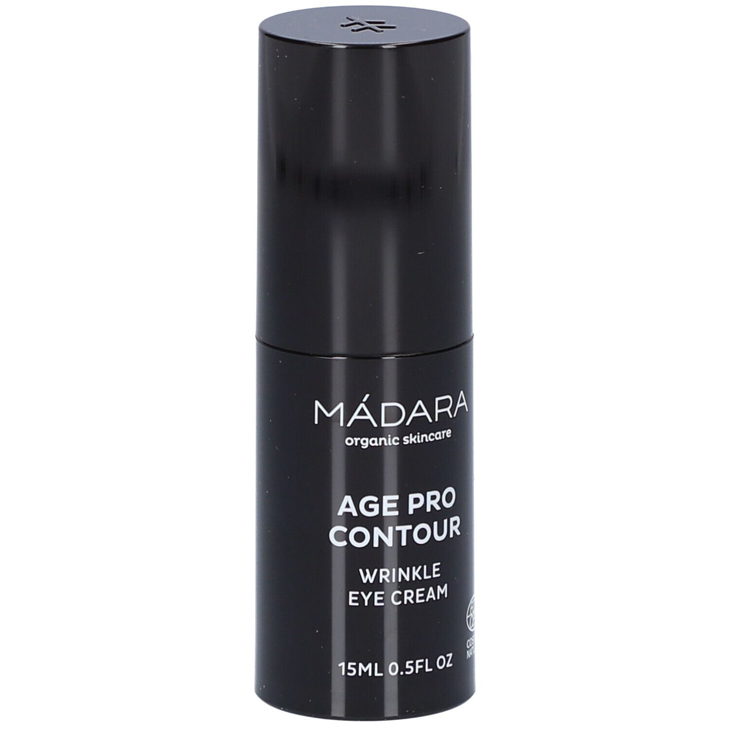 Schwarze Augencreme-Tube. Aufschrift: MÁDARA, AGE PRO CONTOUR, WRINKLE EYE CREAM, 15ml 0.5FL OZ. COSMOS NATURAL-Zertifizierung.