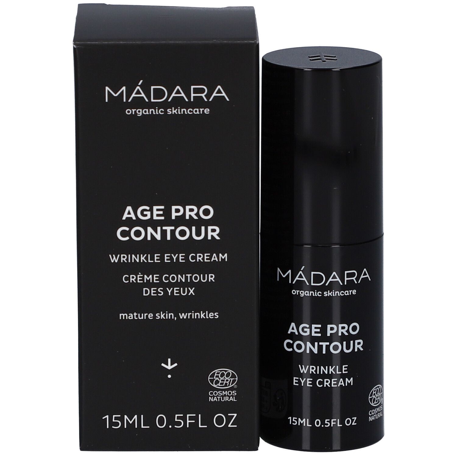 Schwarze Verpackung und Tube. Aufschrift: MÁDARA, AGE PRO CONTOUR, WRINKLE EYE CREAM, 15ml 0.5FL OZ. COSMOS NATURAL-Zertifizierung.