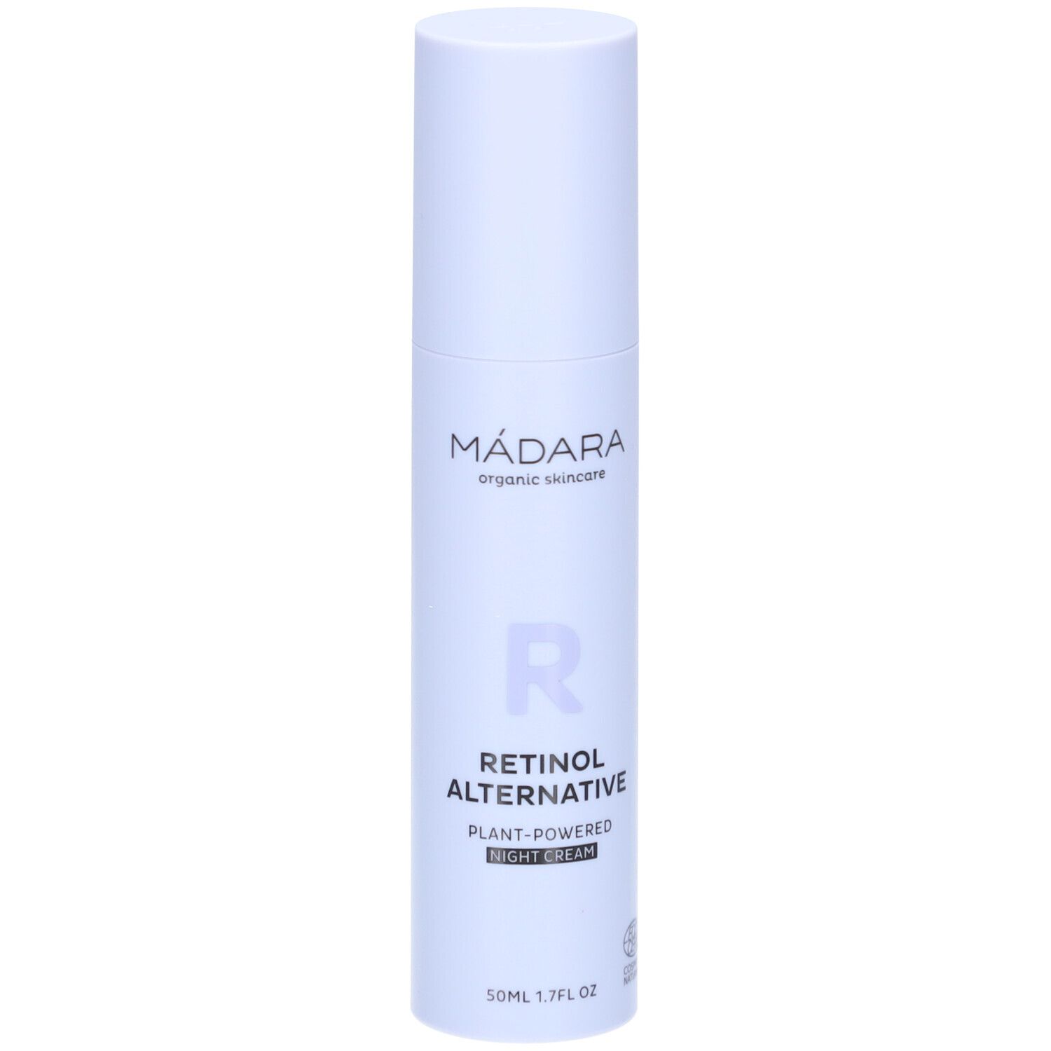 Hellblaue Flasche mit weißem Deckel. Aufschrift: MÁDARA, Retinol Alternative, Nachtcreme. Mit Bio-Zertifizierung.
