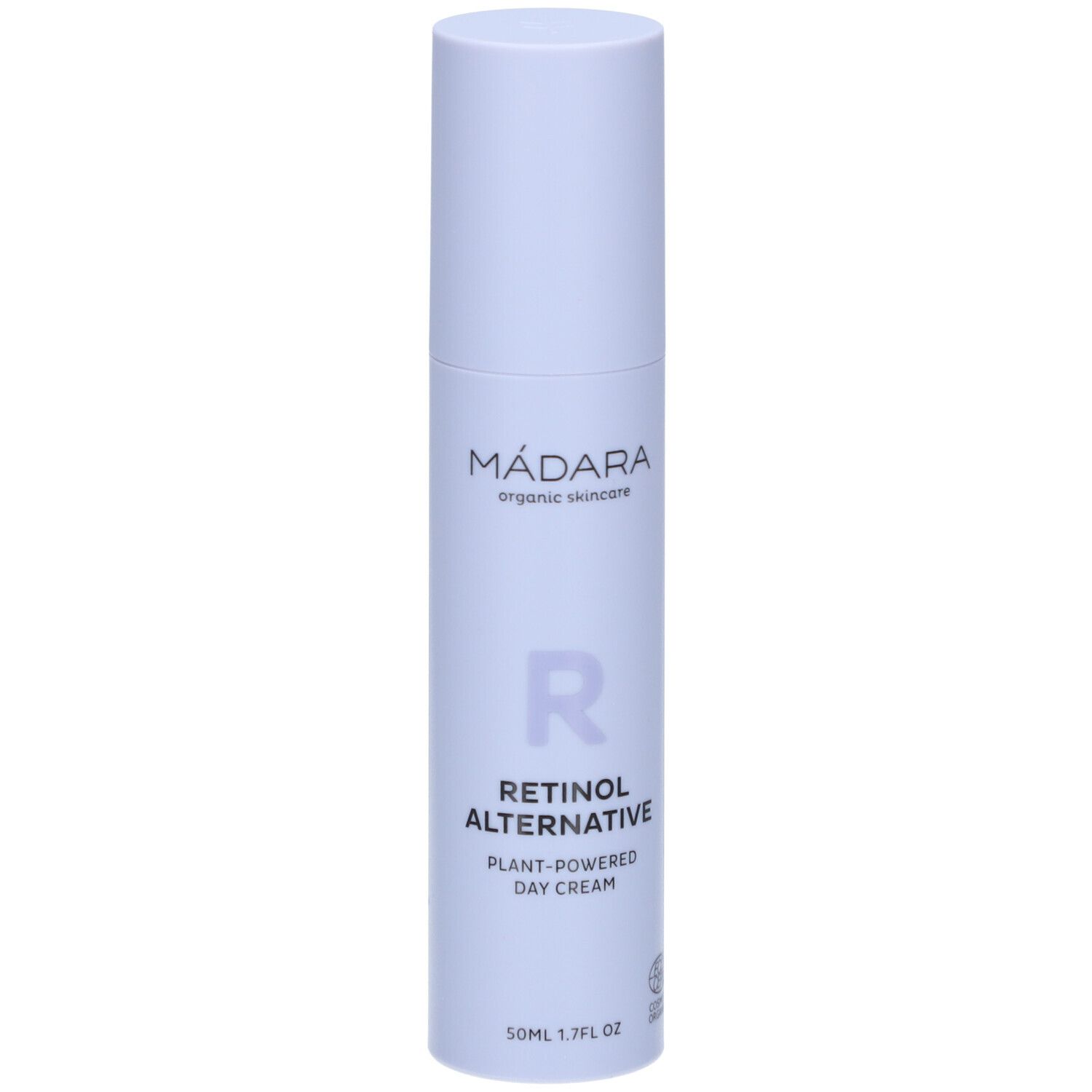 Weiße Flasche mit Deckel. Aufschrift: MÁDARA, Retinol Alternative, Tagescreme. Logo: R. Zertifizierung.
