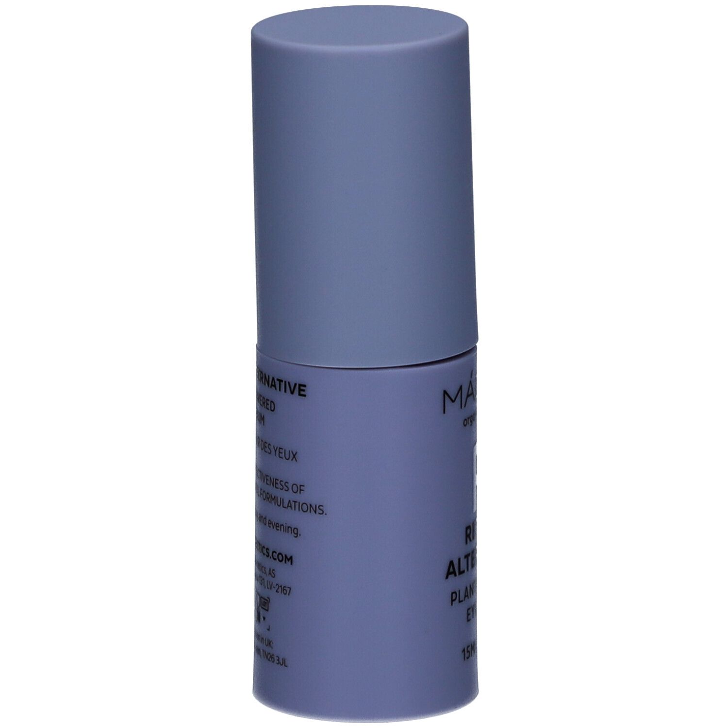 Hellblaues Augenserum-Fläschchen, seitliche Ansicht. Aufschrift: MÁDARA, Retinol Alternative, 15ml. Text in Englisch.