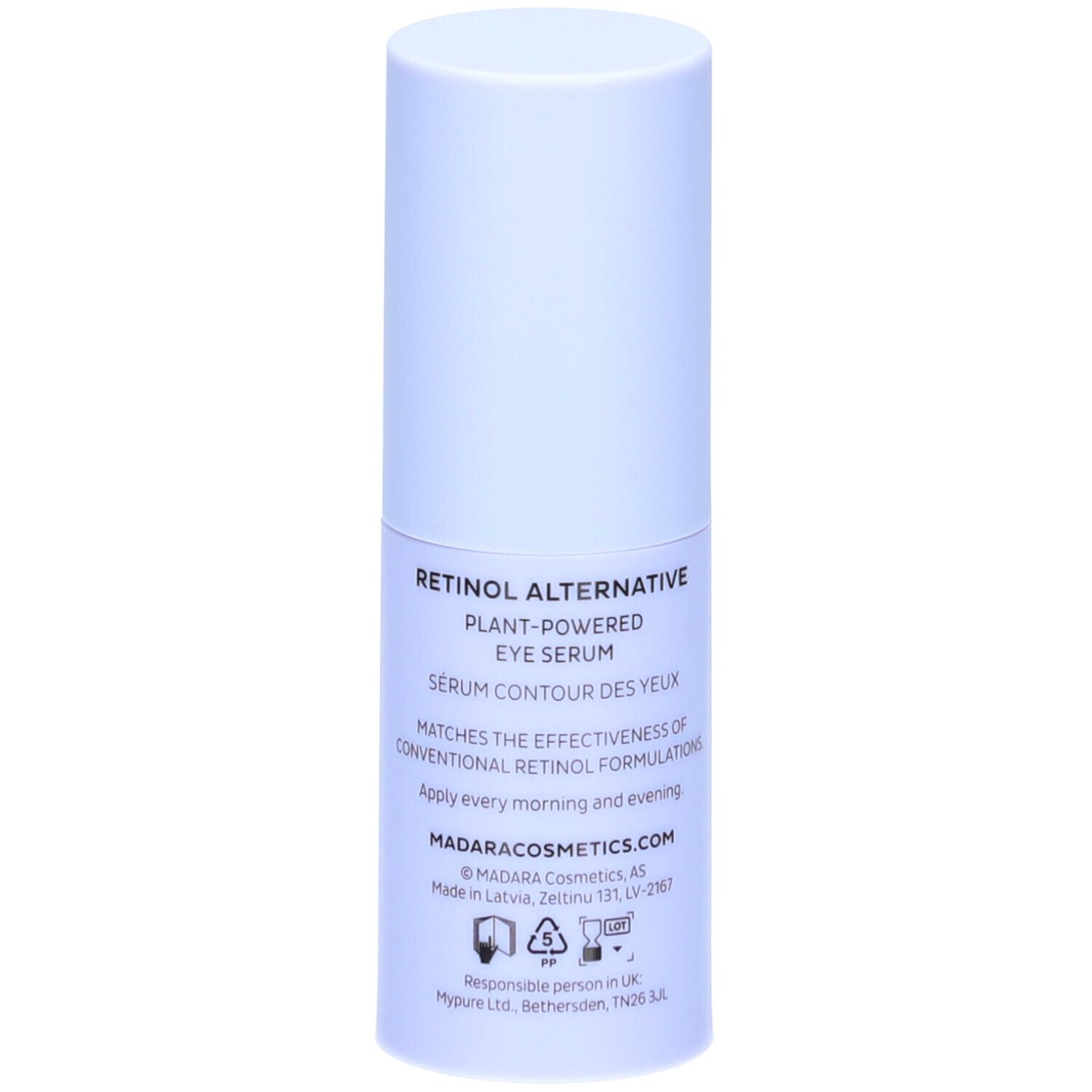 Hellblaues Augenserum-Fläschchen. Aufschrift: Retinol Alternative, Plant-Powered Eye Serum, MADARACOSMETICS.COM, 15ml.
