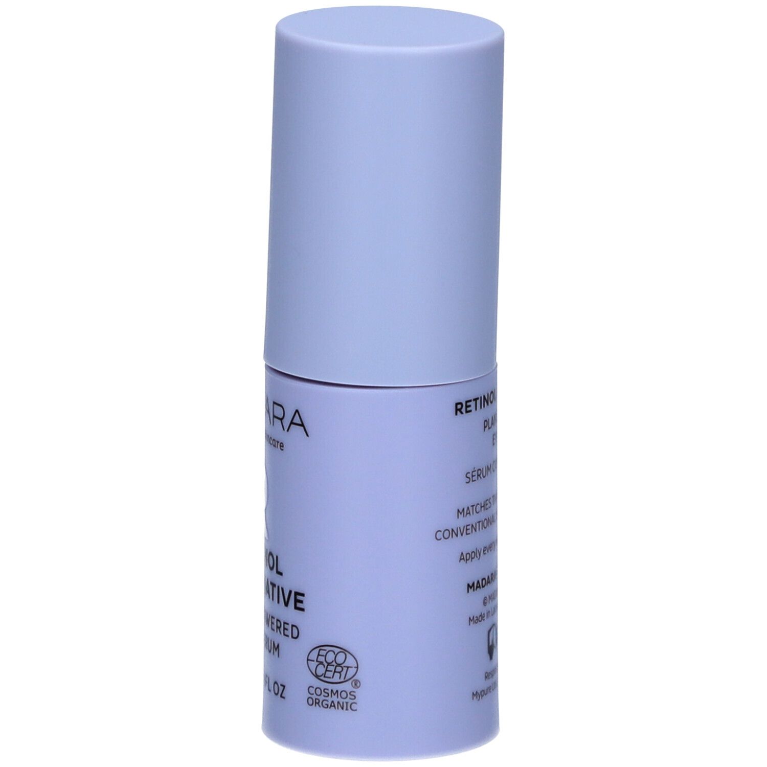 Hellblaues Augenserum-Fläschchen. Aufschrift: MÁDARA, Retinol Alternative, Plant-Powered Eye Serum, COSMOS ORGANIC, 15ml.