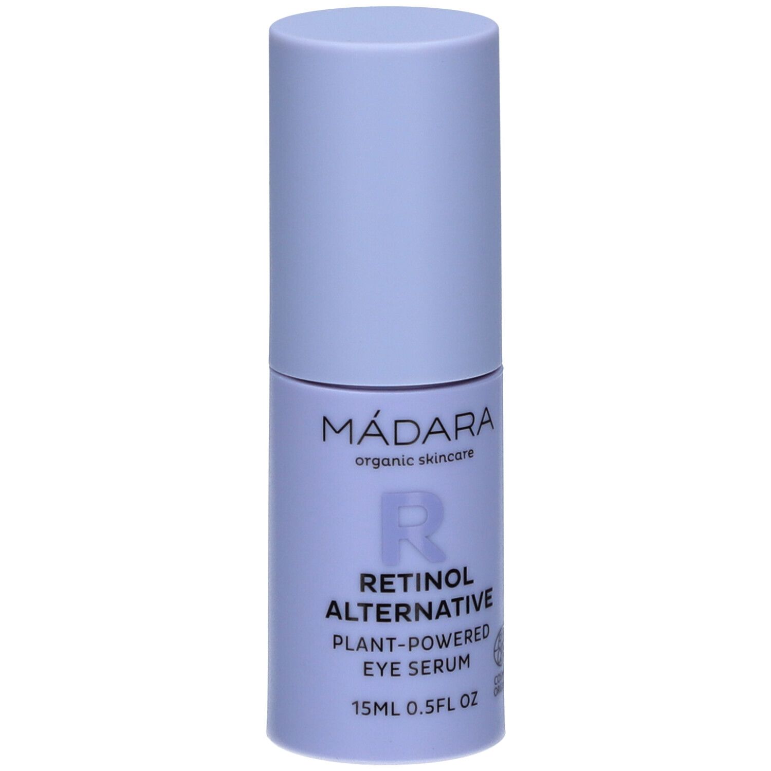 Hellblaues Augenserum-Fläschchen. Aufschrift: MÁDARA, Retinol Alternative, Plant-Powered Eye Serum, 15ml, COSMOS ORGANIC.