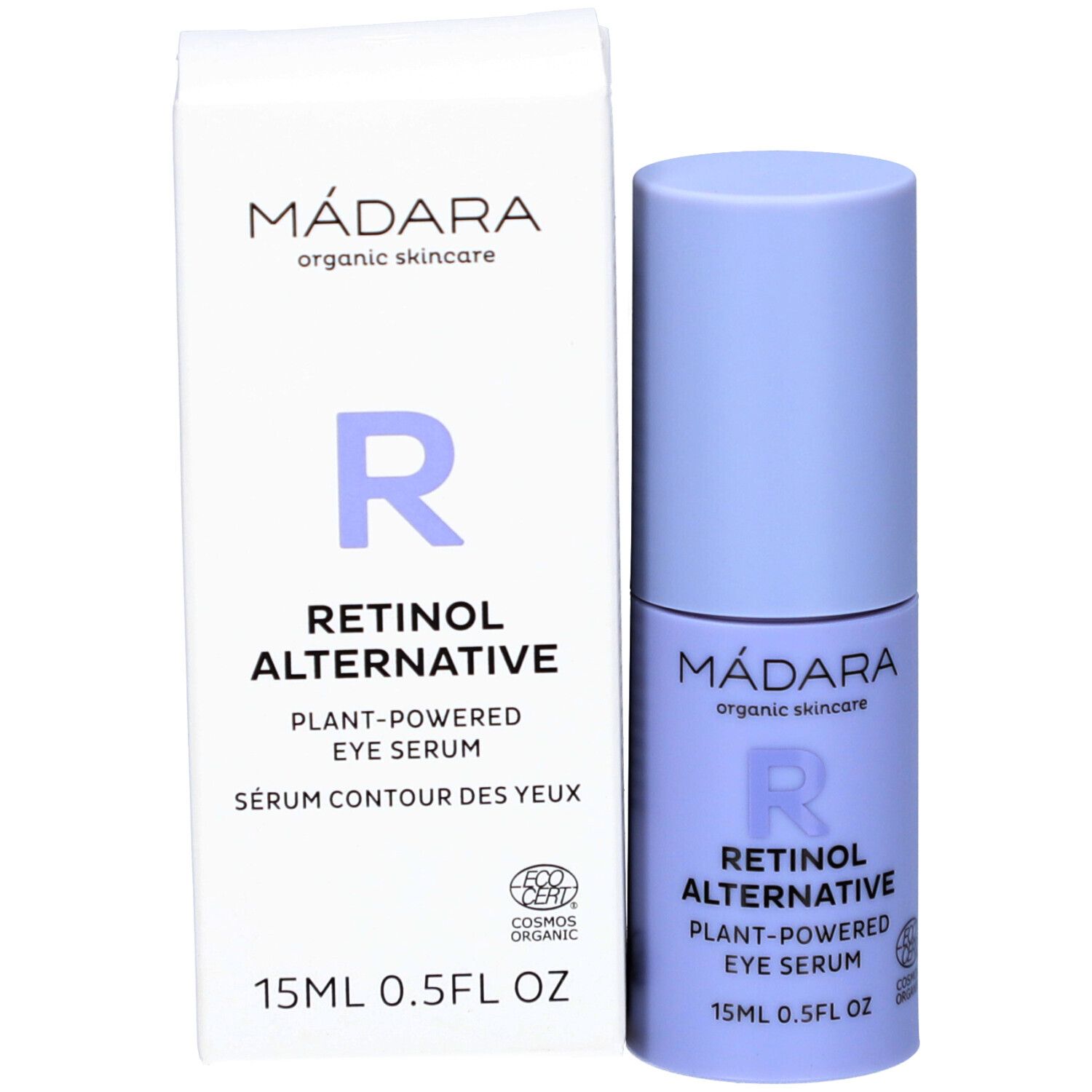 Augenserum-Fläschchen und Verpackung. Aufschrift: MÁDARA, Retinol Alternative, Plant-Powered Eye Serum, 15ml, COSMOS ORGANIC.